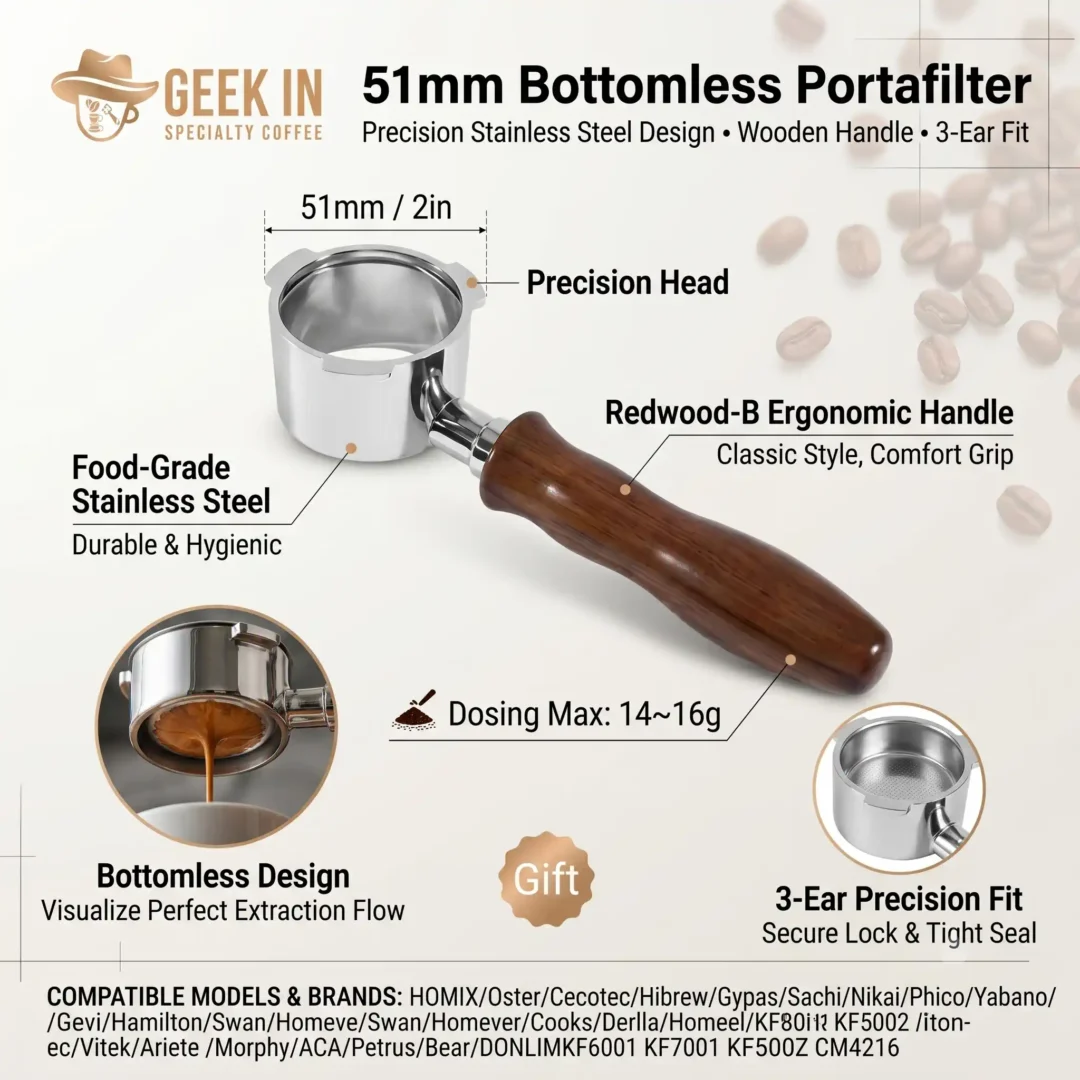 3-ear bottomless portafilter for espresso machine