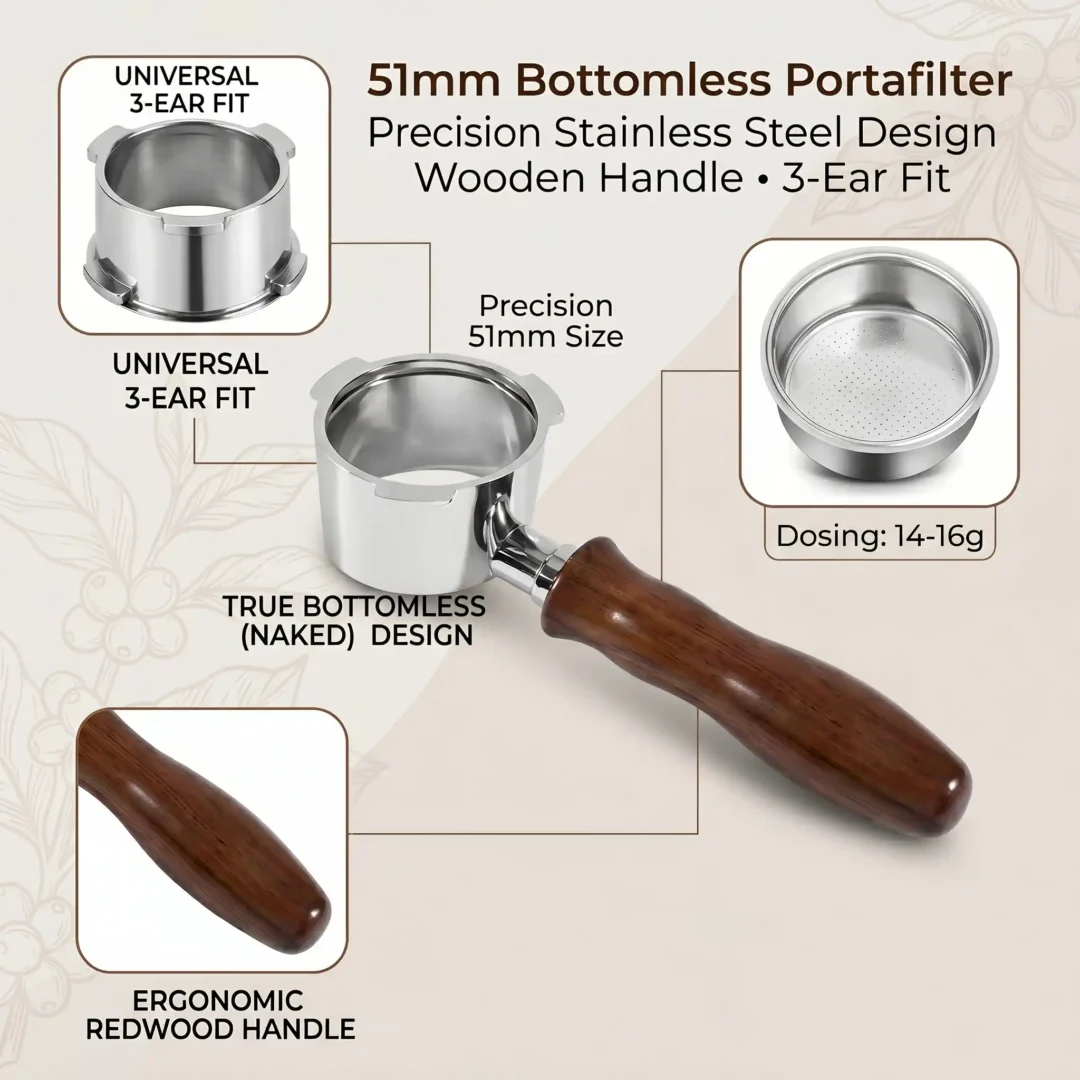 51mm bottomless portafilter with wooden handle
